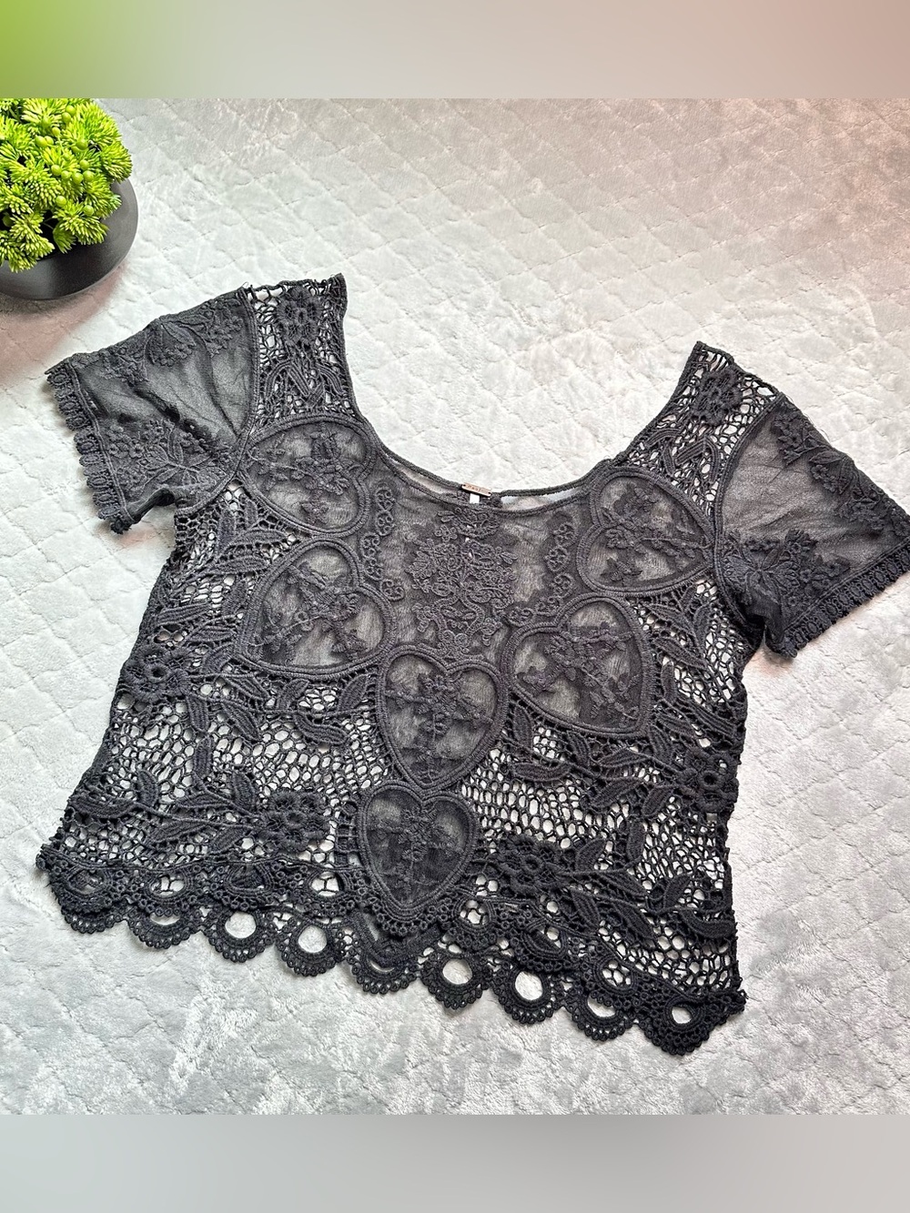 🖤Coquette Goth Heart Lace Crochet Top Black Sheer Boho Festival Blouse